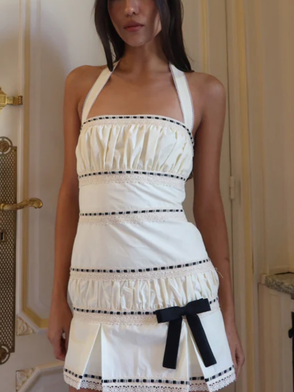 Women's Cream Halter Mini Dress with Black Trim and Bow